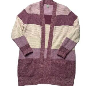 LL Bean Pink Stripe Open Front Cardigan Sweater Size Medium Chunky Cozy Cotton